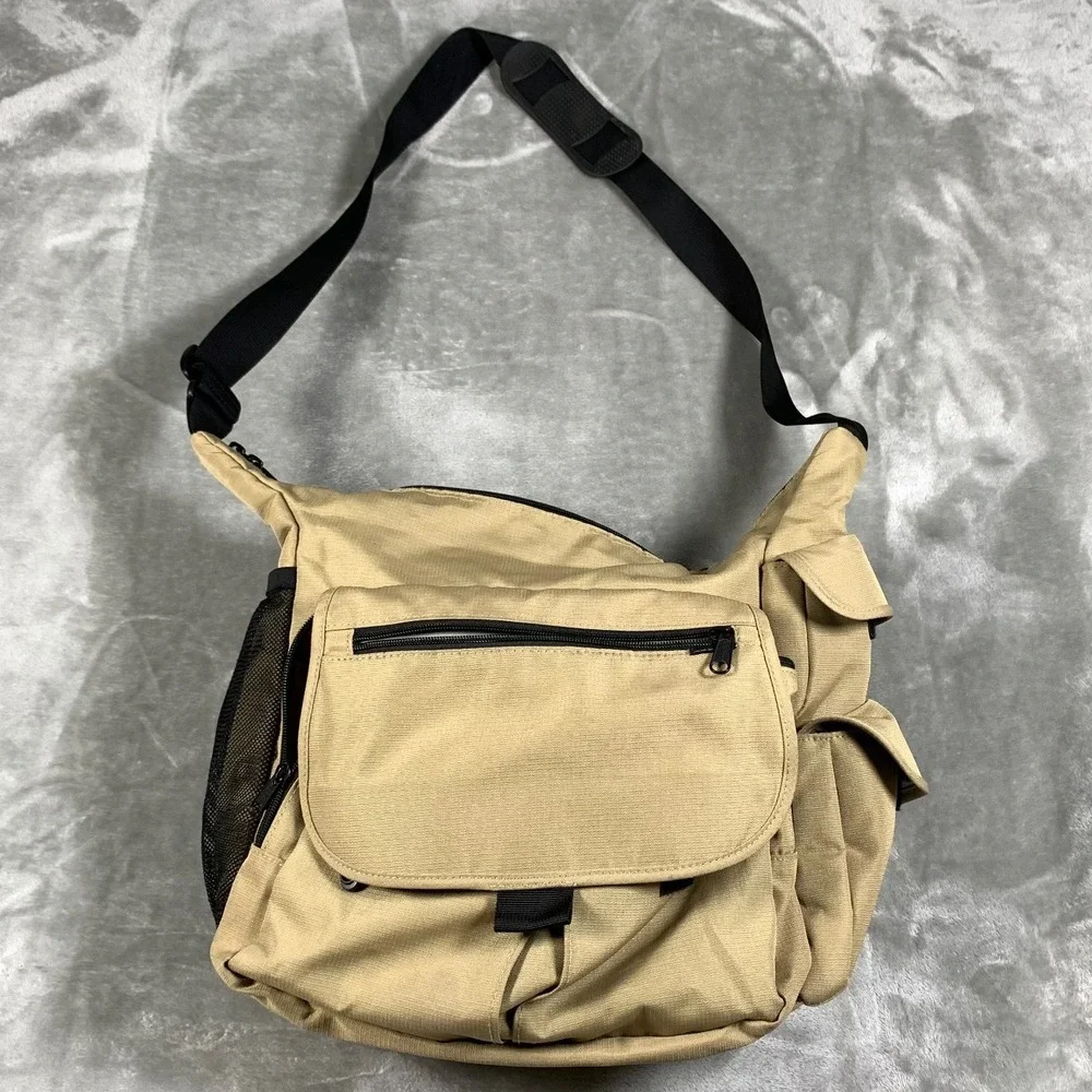 LL Bean Crossbody Messenger Bag Tan Black Satchel Travel Diaper Ripstop Nylon